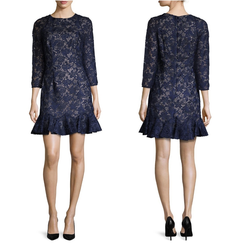 Monique Lhuillier navy lace dress peplum hem Size 10 MSRP $795